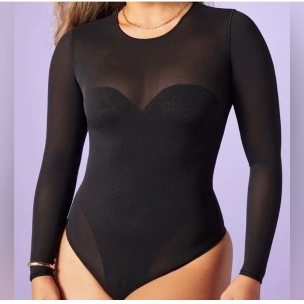 Yitty‎ by Lizzo Black Mesh Long Sleeve Bodysuit Sweetheart Neckline Sheer Top XL